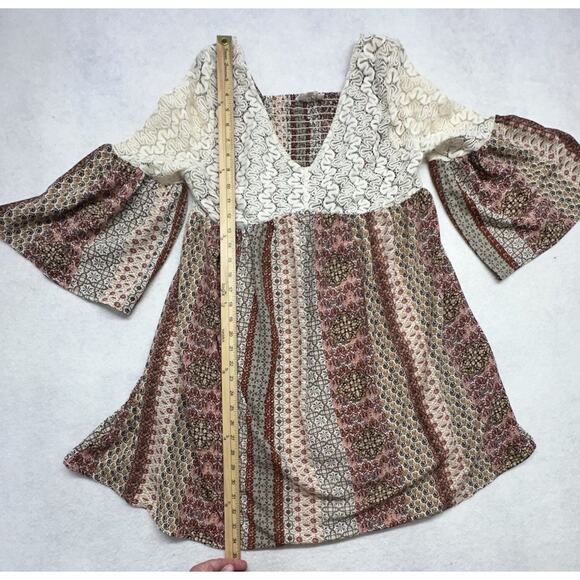 Entro Dress Womens Large Mini Shift Boho Bell Sleeve Mixed Media - Picture 4 of 11